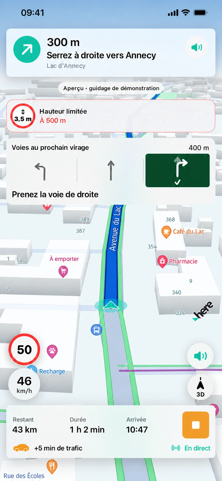 Navigation en français : indications de direction, voies à suivre et alerte de hauteur.