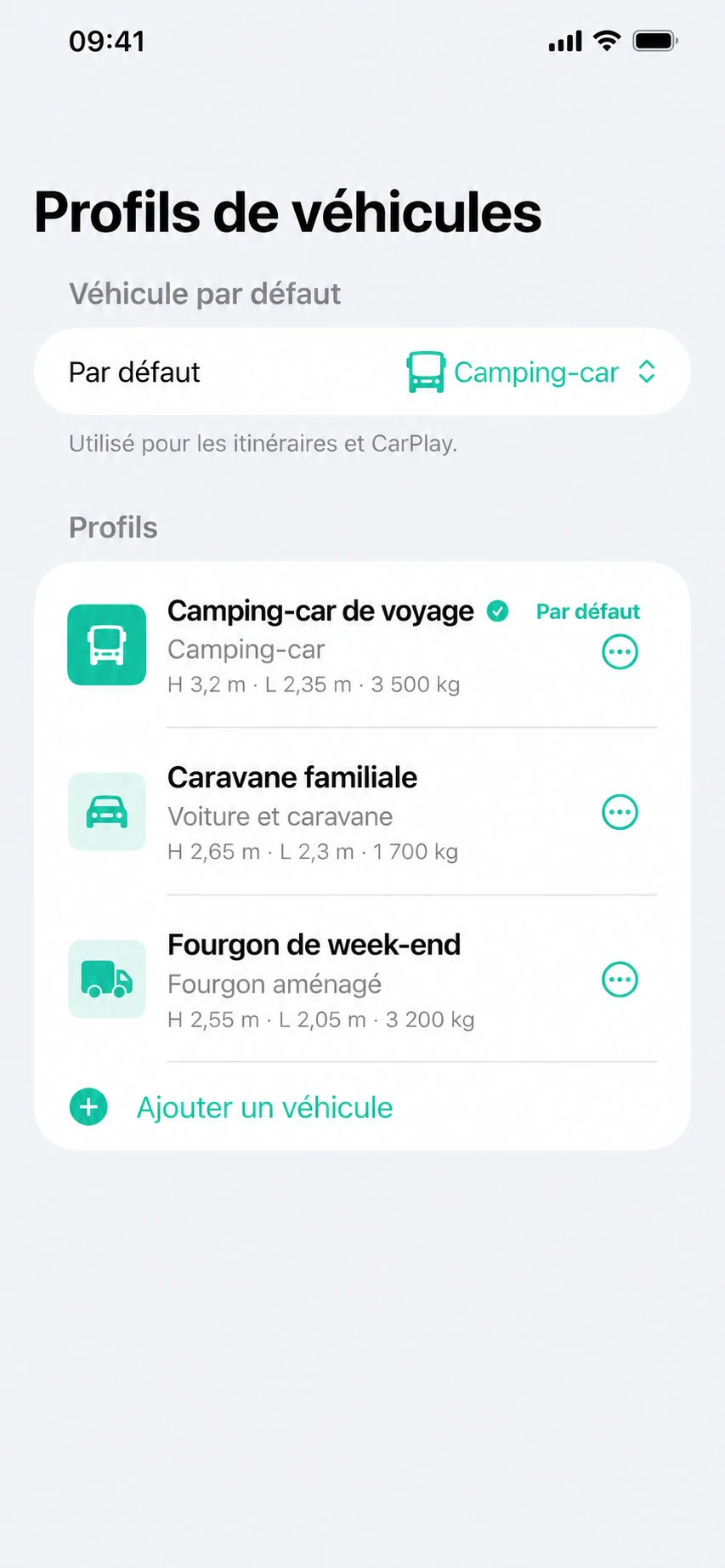 Profils de véhicules en français avec les dimensions et le poids du camping-car, de la caravane et du fourgon.