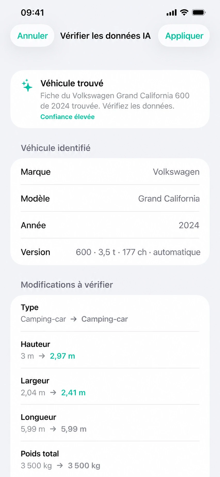 Vérification en français des dimensions du véhicule suggérées par l’intelligence artificielle.