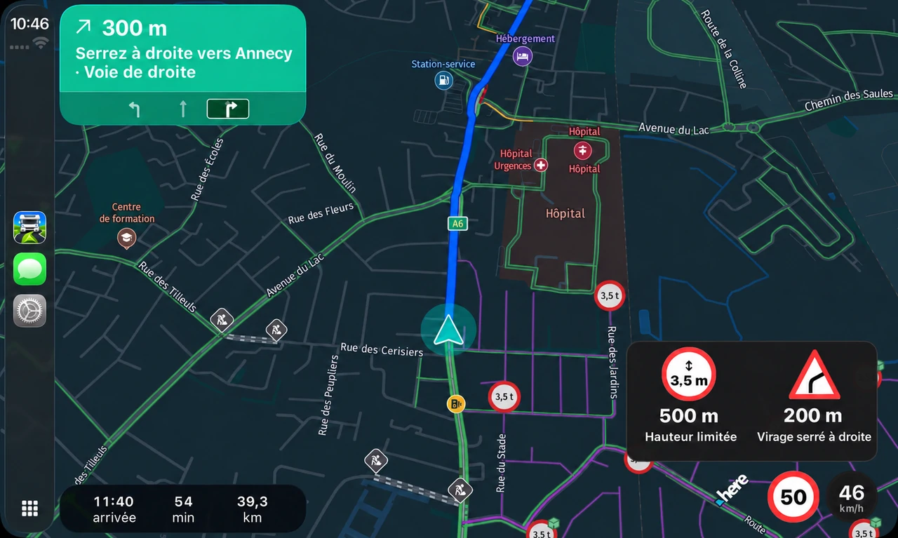 Démonstration CarPlay en français avec guidage, distances en mètres et vitesse en kilomètres par heure.